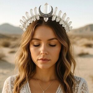 New Quartz Crystal Crown Headband‎ Silver Crescent Moon Goddess Tiara Headpiece